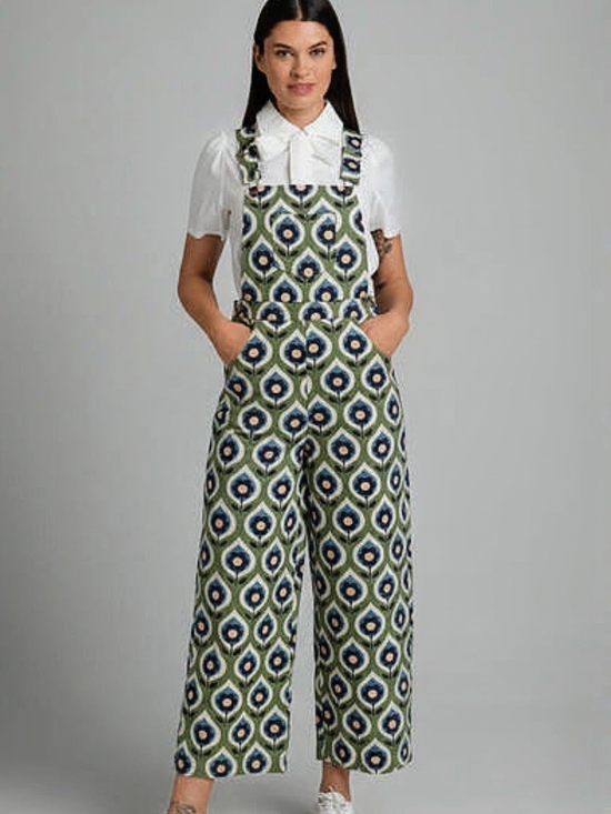 Modcloth Denim - ModCloth Green and Navy Patterned Wide-Leg Overalls